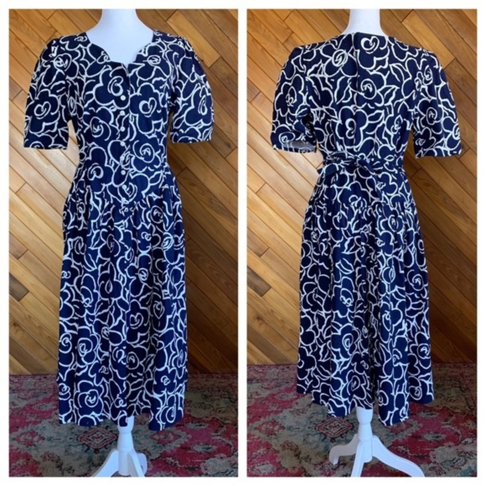 Vintage 80s Navy Floral Cottagecore Cotton Midi Dress
